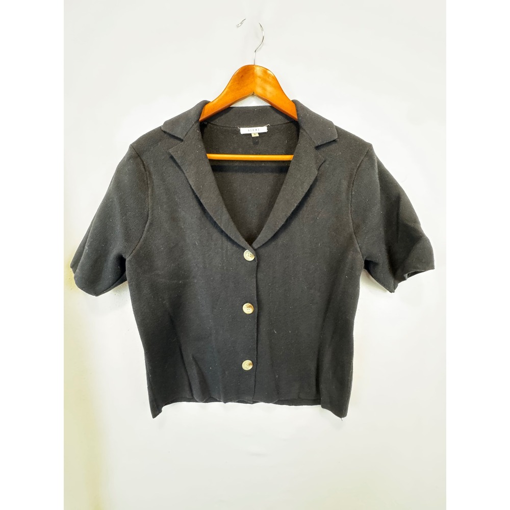 Sioni Cardigan Sweater Black Short Sleeve Button Front Notch Collar Rayon S